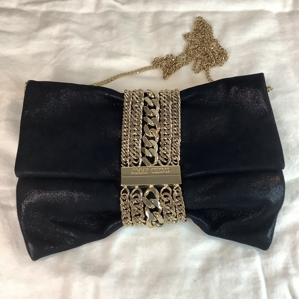 🛍JIMMY CHOO Black Shimmer Suede Chandra Clutch/Crossbody in Gold Chain